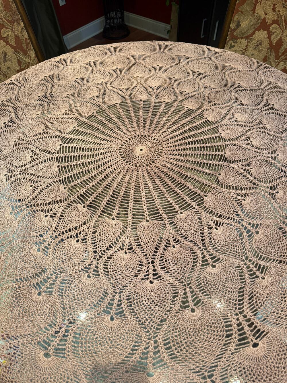 Vintage Peacock Tail Pattern Hand Crochet Light Brown Round 60+" Table Cloth